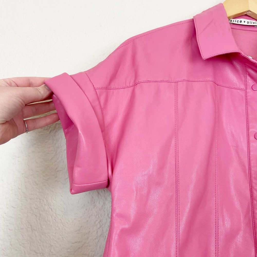 Alice and Olivia Hot Pink Edyth Vegan Leather Crop Top Size S - Picture 11 of 14